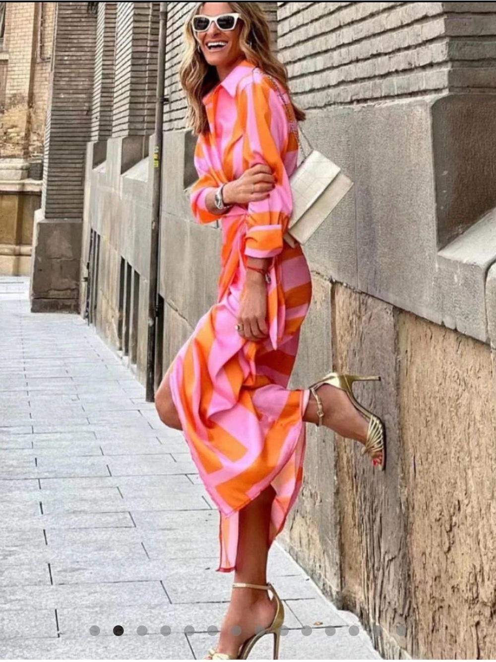 Vibrant Pink & Orange Geometric Midi Shirt Dress